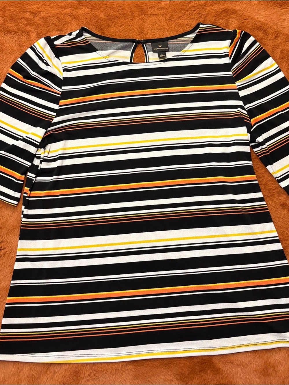 Worthington Women’s L Black White Yellow Orange Striped Scoop Neck 3/4 Top
